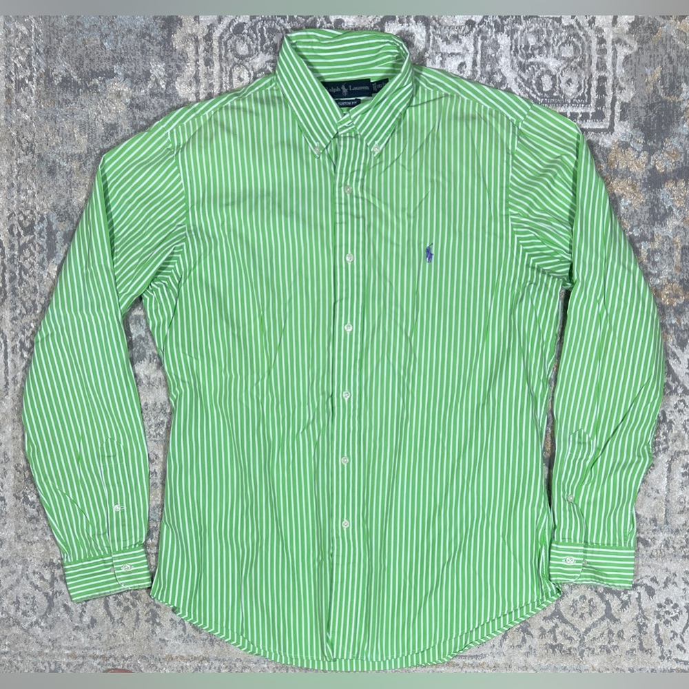 Ralph Lauren Shirt Men Size 16.5 / L Green White Striped Button Up Custom Fit